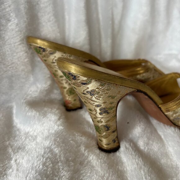 Joseph Salon Shoes Womens Size 6 Gold Tapestry VTG Dainty Feminine Open Toe - Picture 7 of 8